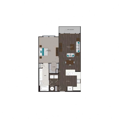 Floor plan for 1 bed, 1 bath, 839 sqft